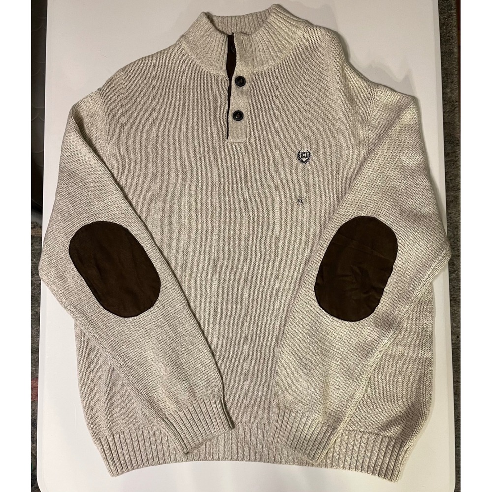 Chaps Mens Twist Mockneck Sweater Arctic Twill XL‎ Elbow Patches Button Accent